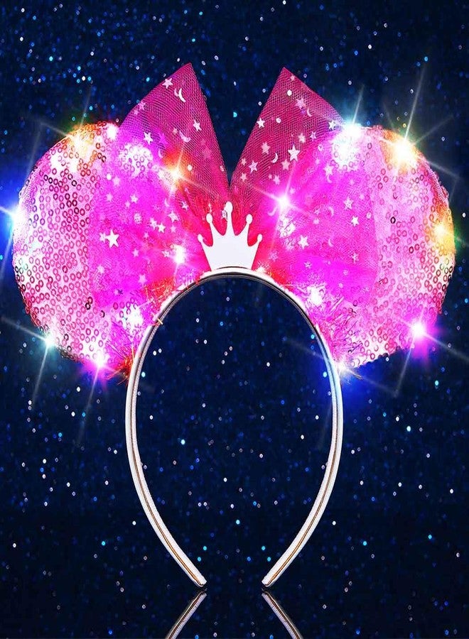 Unicra Light Up Headband Mouse Ears Headbands Bow Hair Accessories for Women and Girls (Pink Sequin Ears - Tiara) - Image 1